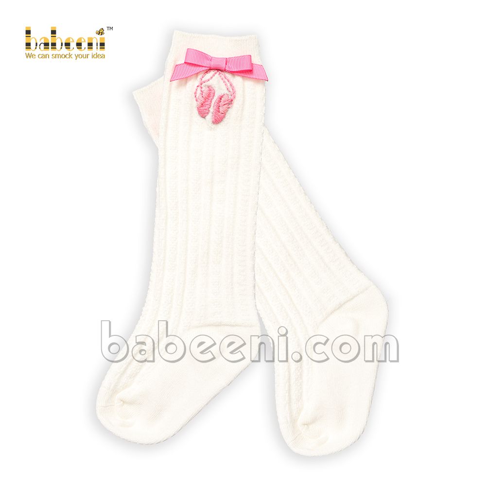 Cute baby girl embroidered pink shoes bow white socks- HS 22